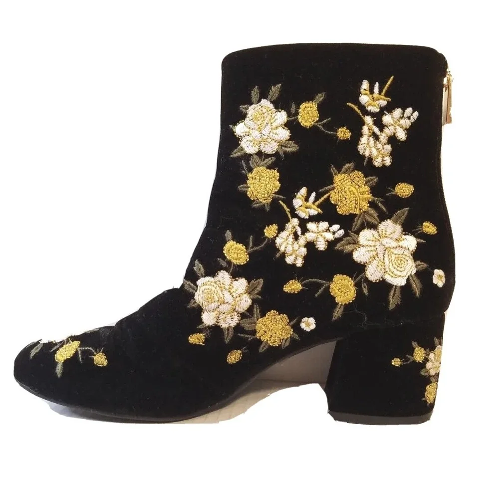 Forever 21 Topshop Womens Boots Sz 8 Black Velvet Floral Feminine Side Zip Shoes